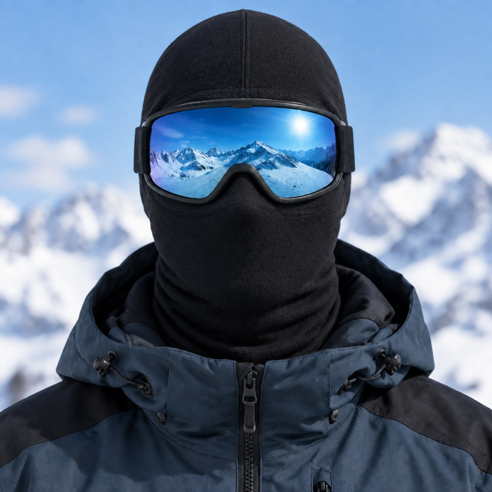 Skier wearing a plain black balaclava