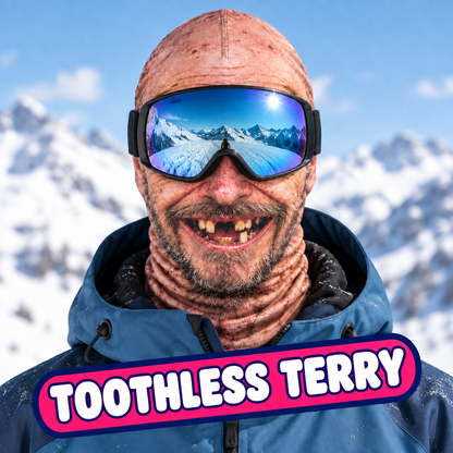 Toothless Terry ski mask worn by a skier