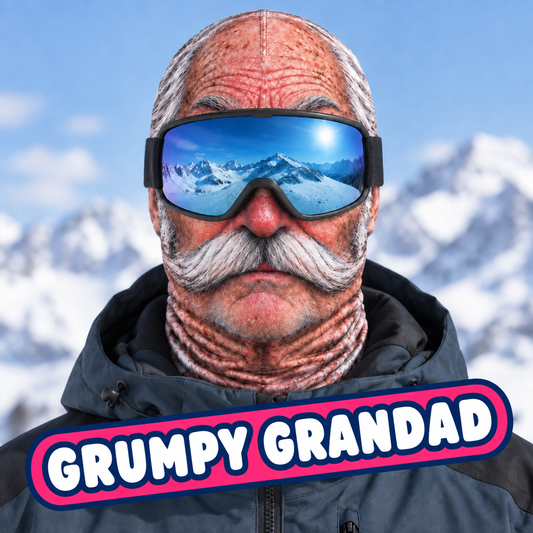 Grumpy Grandad ski mask worn by a skier